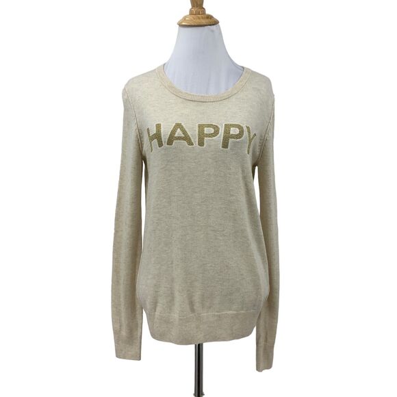 Gap Sweaters - Gap Intarsia Happy Sweater Womens S Small Oatmeal Merino Wool Blend Pullover